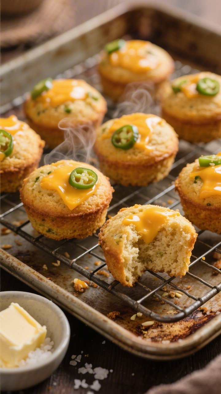 Straight-on shot of warm cheddar jalapeño “cornbread” bites on a wire rack just out of the oven, golden domed tops with visible melted cheddar pockets and flecks of jalapeño; a cut-open bite in foreground showing tender crumb made from fine almond flour, with notes of baking powder, baking soda, kosher salt, garlic powder, eggs, and melted butter; steam subtly visible; small bowl of softened butter with flaky salt nearby; rustic baking tray backdrop, cozy warm lighting.