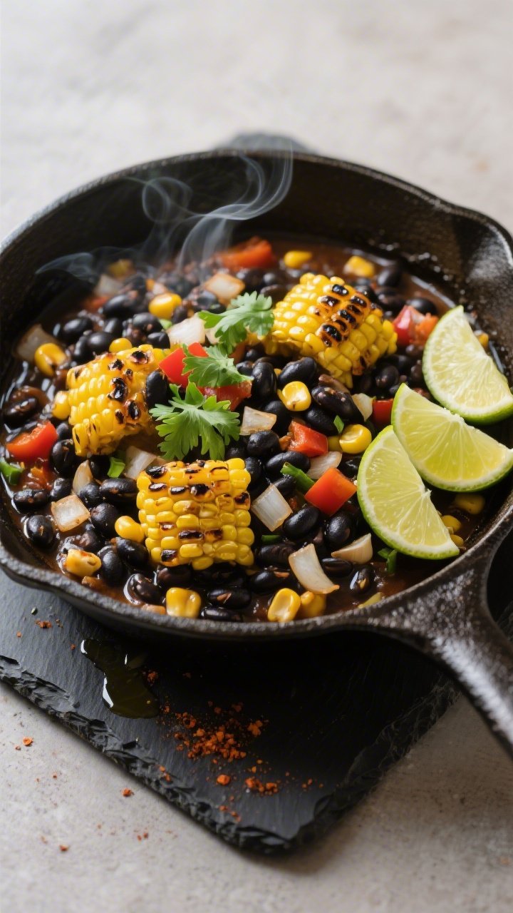 Straight-on skillet action shot of Smoky Black Bean Skillet With Charred Corn And Lime: cast-iron pan filled with black beans simmering with diced onion, bell pepper, and garlic, studded with deeply charred corn kernels, a few lime wedges nestled at the edge ready to squeeze. Surface glistens with olive oil, slight smoke curl visible, paprika-like smokiness implied with warm shadows. Sprinkling of chopped cilantro on top, served on a dark slate trivet for contrast, vibrant yellow corn and inky beans pop.