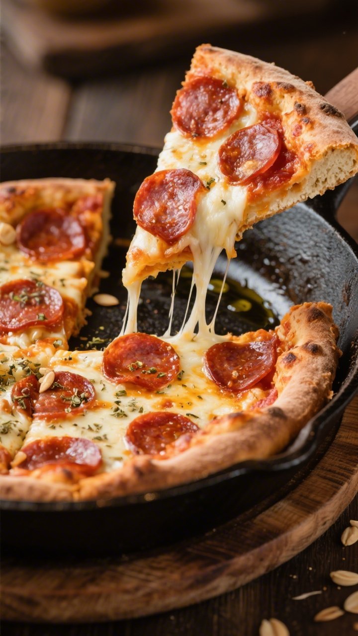 Straight-on skillet scene of deep-dish pepperoni pizza with cheesy almond-crust: thick, bubbly mozzarella-and-cream-cheese “fathead” crust with a browned edge, topped with glossy marinara, cupped pepperoni, extra mozzarella pull, and a dusting of Italian seasoning; the cast-iron skillet brushed with olive oil sits on a rustic wooden board; a slice being lifted to reveal airy almond flour crumb and cheese stretch; warm, inviting pizzeria mood.
