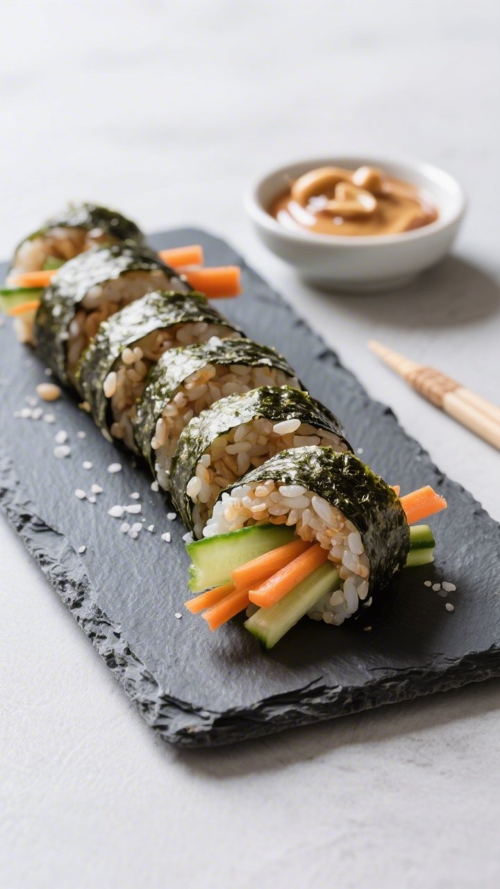 Straight-on sushi board presentation of crunchy veggie nori rolls: tight rolls of nori wrapped around short-grain brown rice seasoned with rice vinegar and a pinch of salt, filled with crisp cucumber matchsticks and delicate carrot ribbons; sliced to show clean layers; a small dish of glossy peanut-ginger drizzle to the side and a light brush over a few pieces; minimal, modern setting with slate board, bright, crisp light.