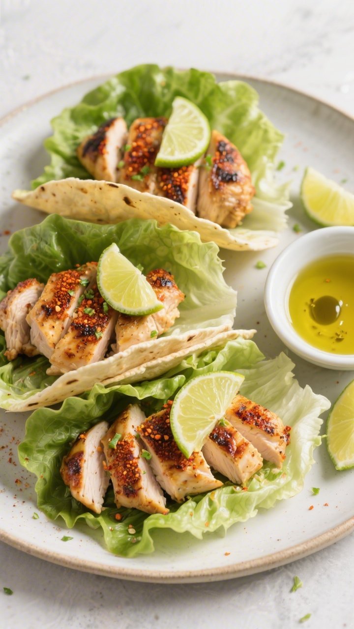 Straight-on, taco assembly scene: chili-lime chicken thighs sliced and slightly charred, seasoned with chili powder, smoked paprika, ground cumin, garlic powder, sea salt, and bright lime zest; arranged in crisp lettuce leaves as shells, with a glistening squeeze of lime juice on top; a small bowl of olive oil and extra lime wedges beside; minimal, vibrant styling highlighting low-carb freshness on a neutral ceramic platter.