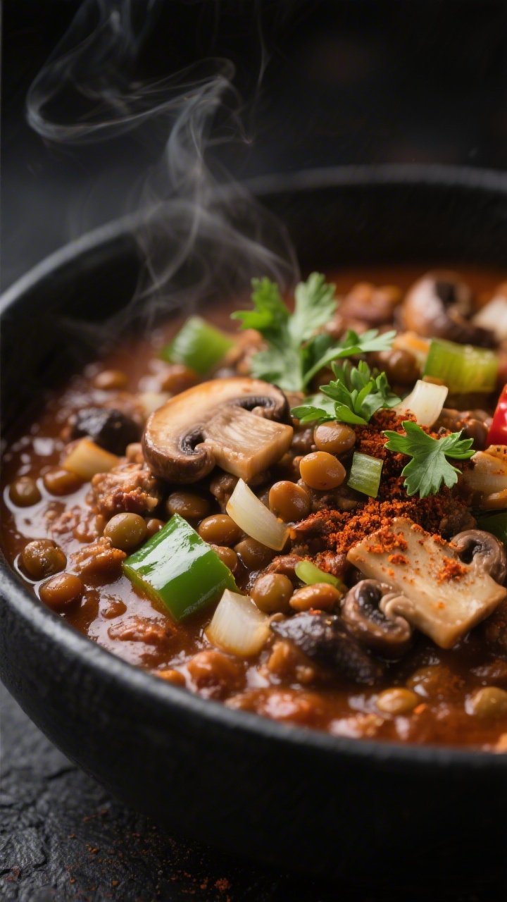 Tight close-up of Smoky Mushroom & Lentil Chili ladled into a shallow charcoal bowl: finely chopped cremini/baby bella mushrooms and tender lentils creating a meaty, umami-rich texture; diced onion, green bell pepper, and minced garlic melting into the sauce, with a dusting of chili powder and a hint of smoky sheen; garnish of chopped parsley for a pop of green; shallow depth of field to emphasize the glossy, chunky surface and steam wisps; warm, dark background to enhance the chili’s depth and umami character.