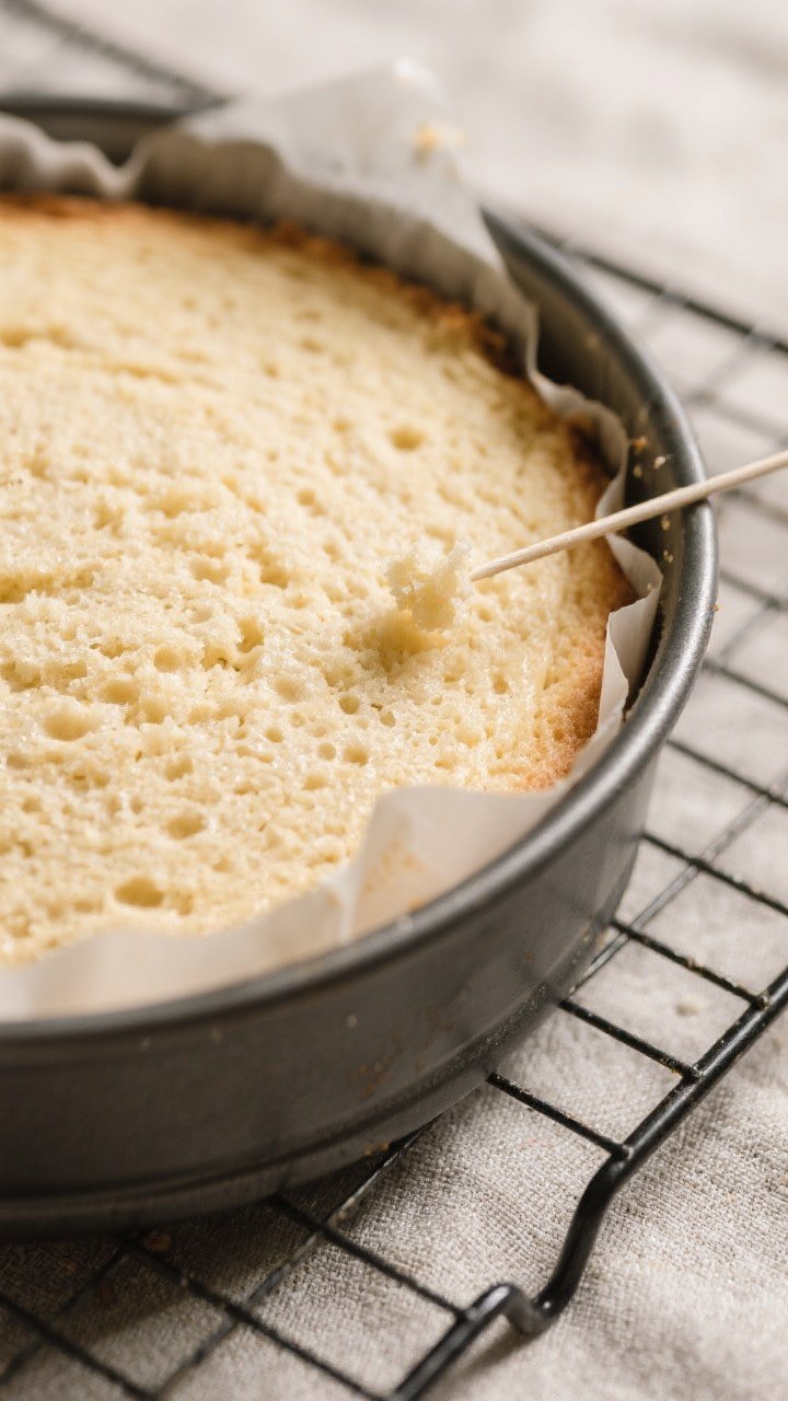 Close-up detail: A freshly baked eggless vanilla cake just out of the 8-inch round pan, turned onto 