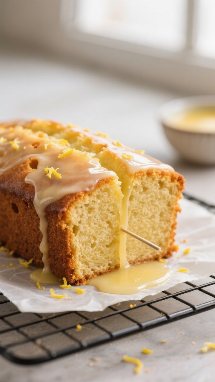 Close-up detail: A freshly baked lemon drizzle loaf cake cooling on a wire rack, warm golden crumb w