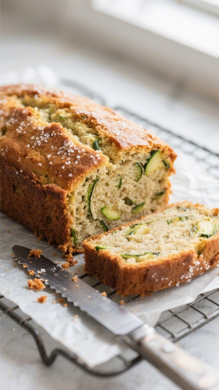 Close-up detail: A freshly baked zucchini bread loaf cooling on a wire rack, golden-brown crust with