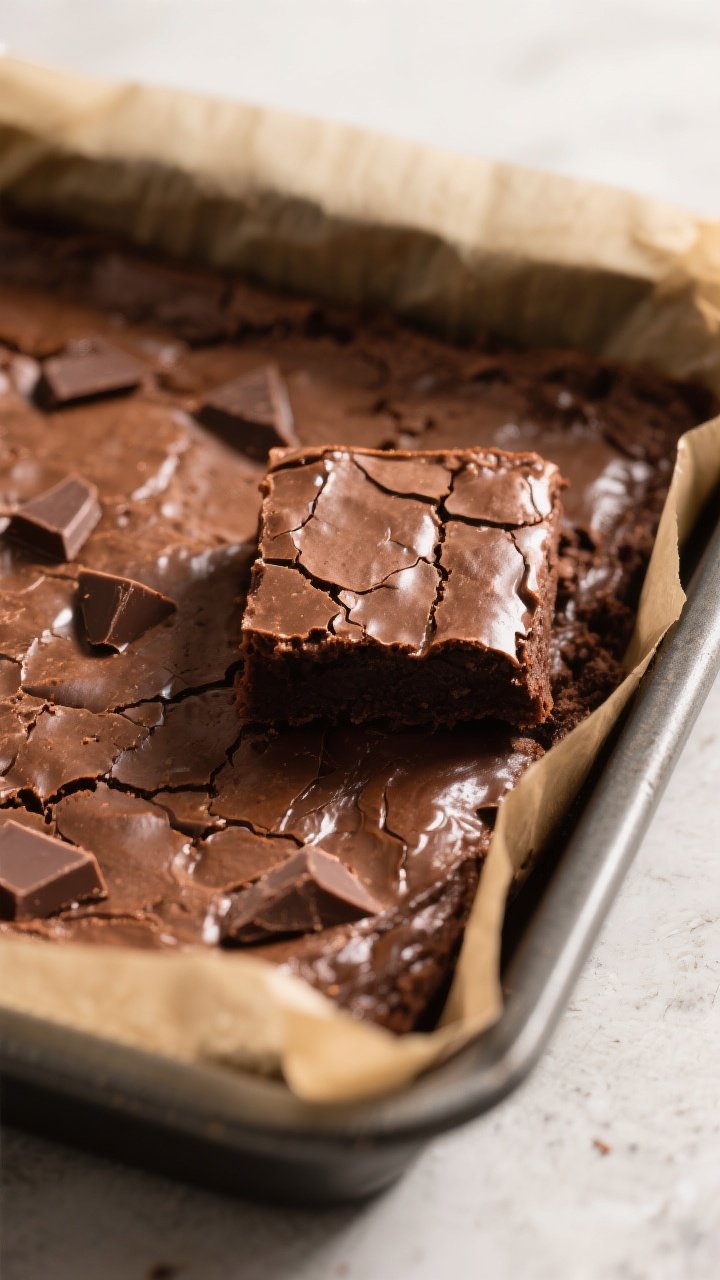 Close-up detail: A just-baked slab of fudgy brownies in an 8-inch parchment-lined pan, edges set wit