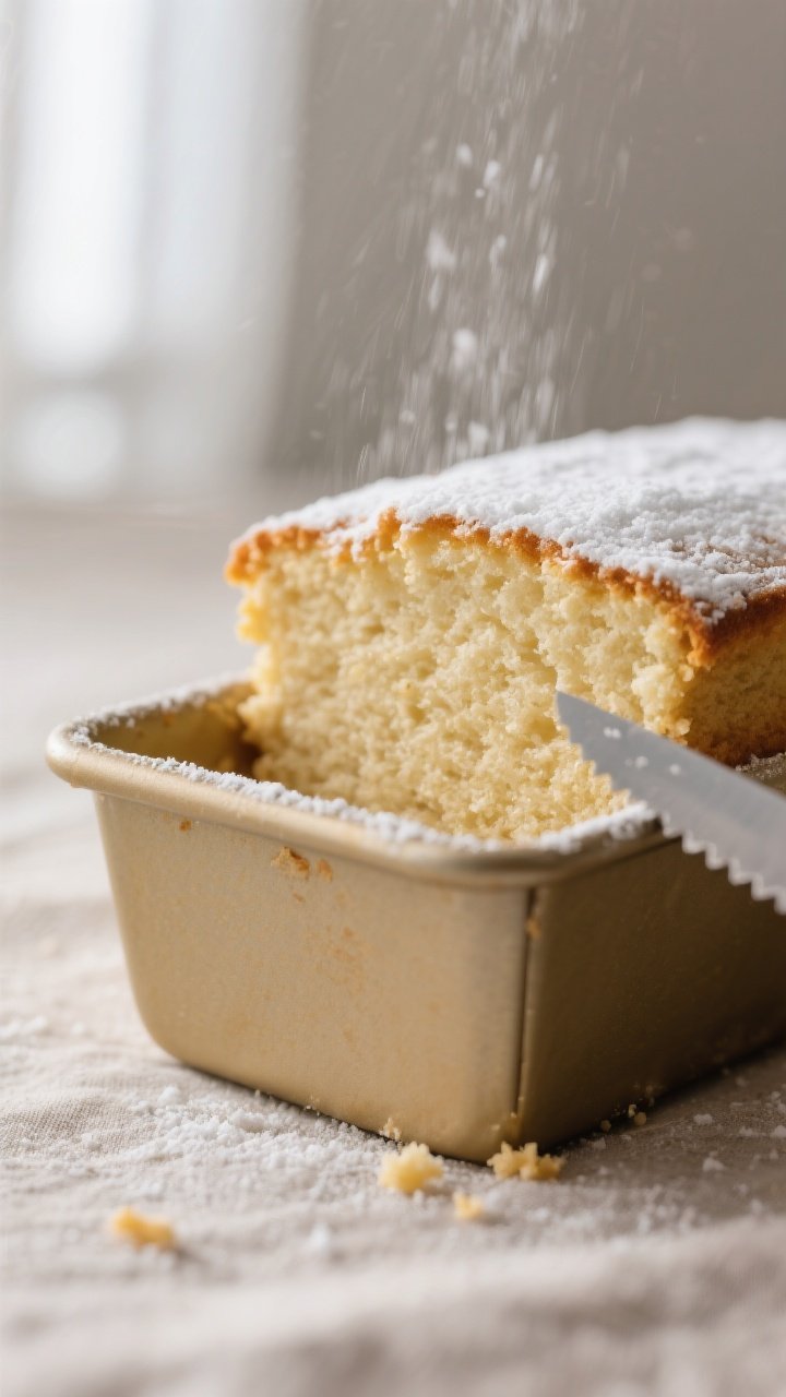Close-up detail: A just-baked vanilla snack cake lifted from an 8-inch square pan, golden edges and 
