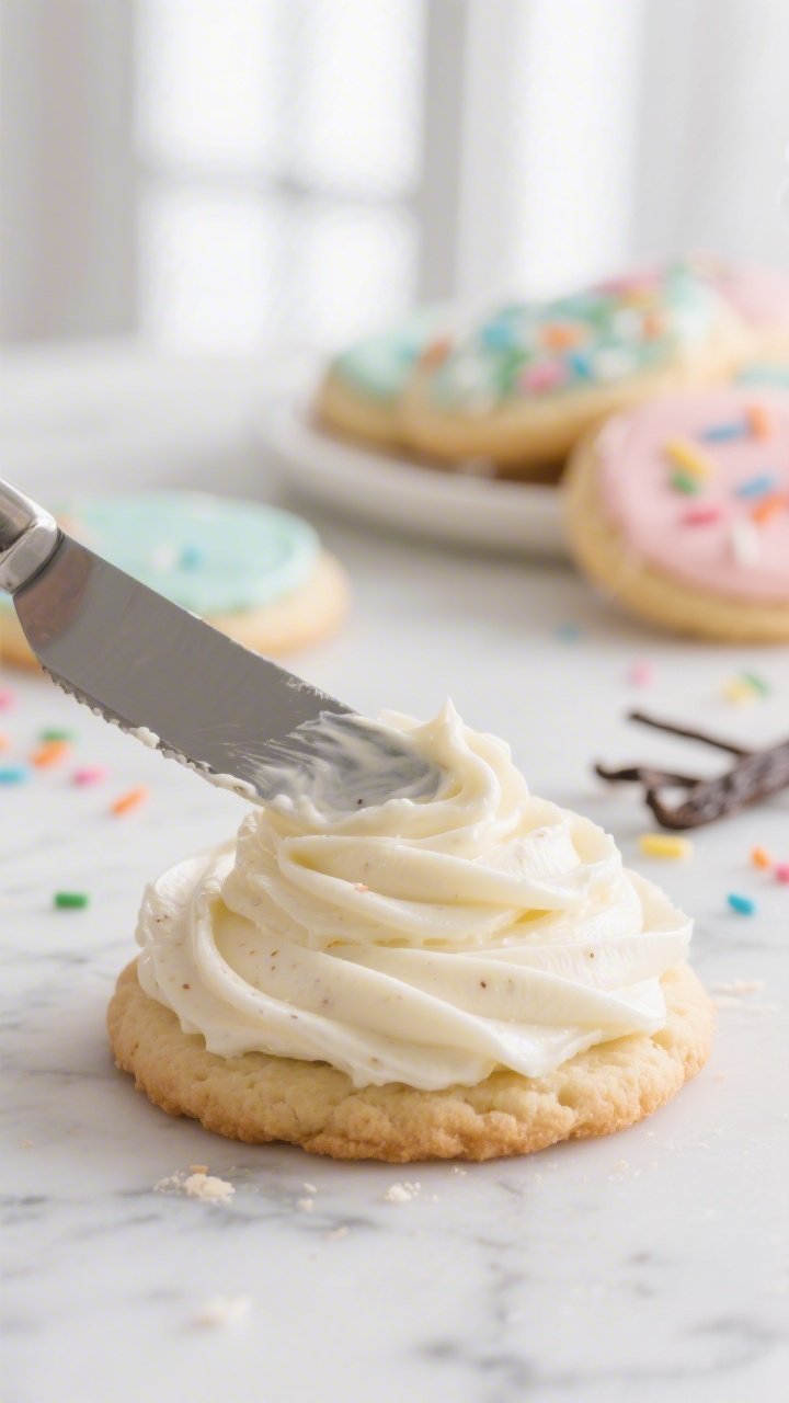 Close-up detail: A just-frosted sugar cookie with ultra-smooth, pillow-soft vanilla frosting being s