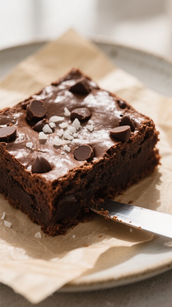 Close-up detail: A sliced square of oil-based fudgy brownies with crisp, slightly crinkled shiny top