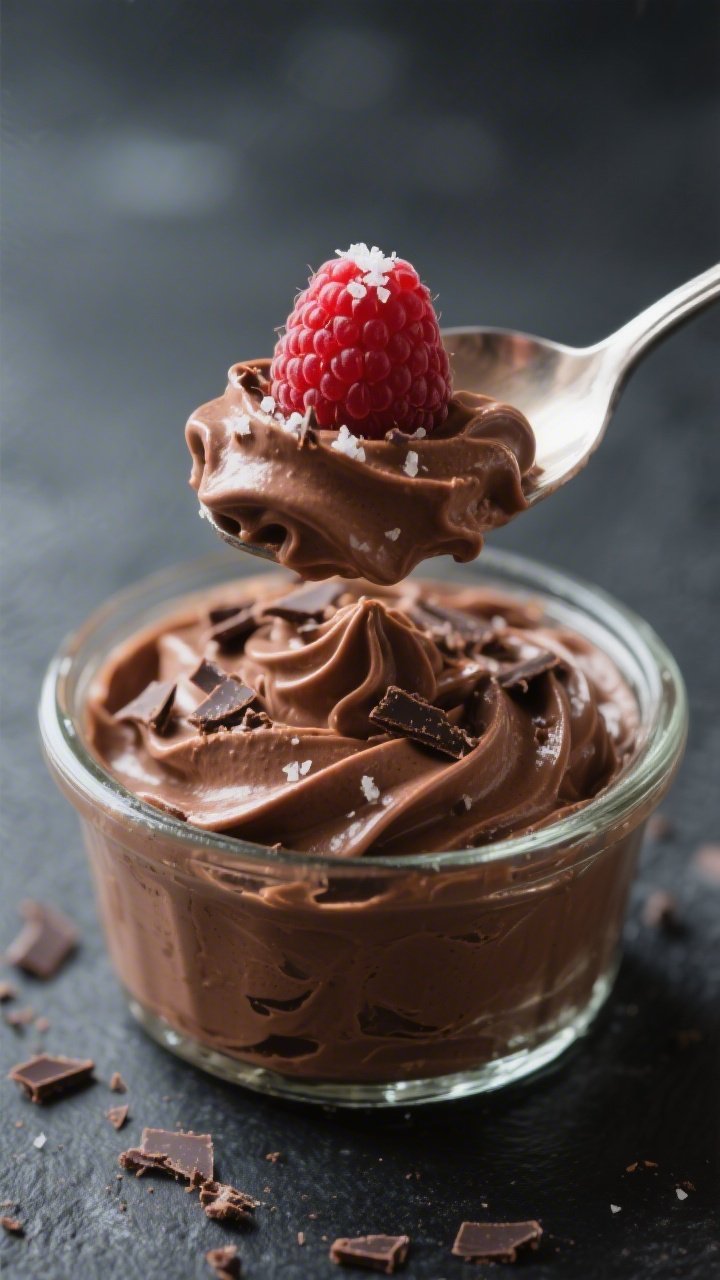 Close-up detail: A spoonful of keto chocolate mousse lifted from a chilled glass ramekin, showing ul