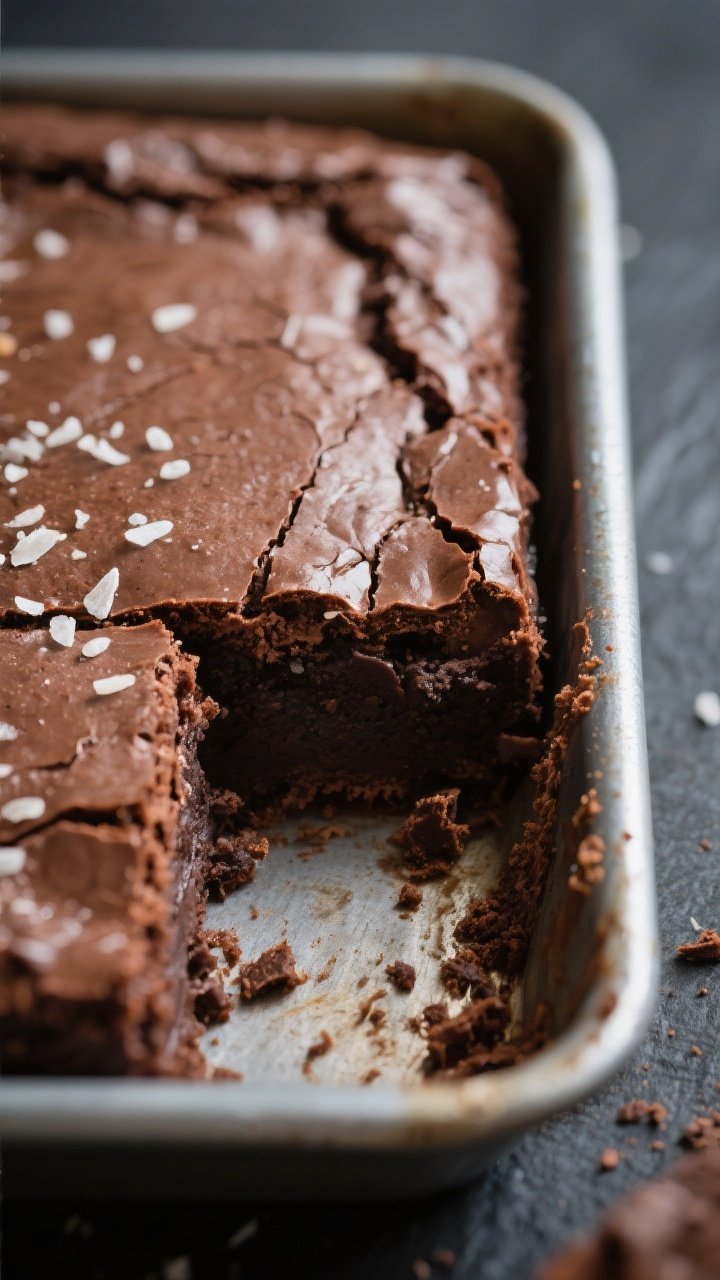 Close-up detail: A tight macro of freshly baked gooey brownie bars just out of an 8x8 metal pan, edg