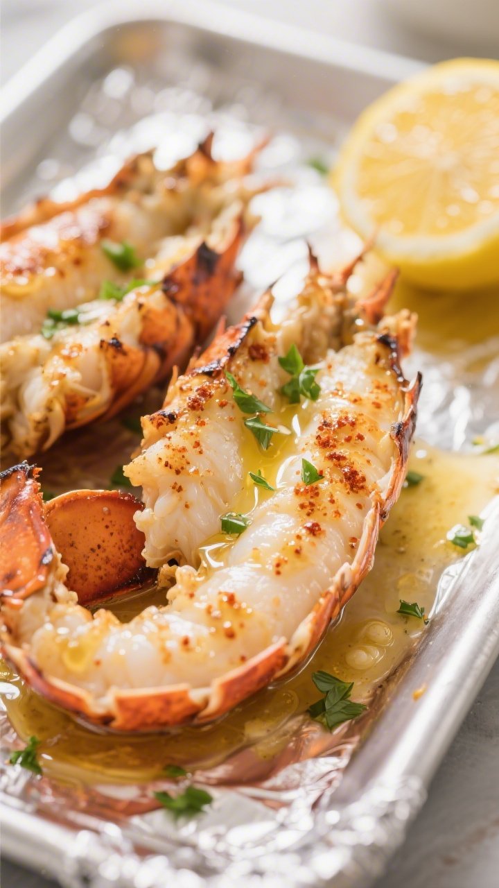Close-up detail: Butterflied broiled lobster tail just out of the oven, meat opaque and glistening w