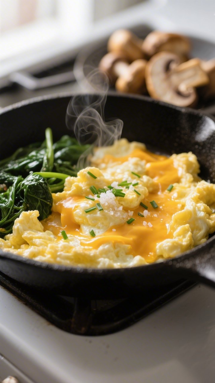 Close-up detail: Creamy soft-scrambled eggs just set in a skillet, ribbons of glossy egg curds with 