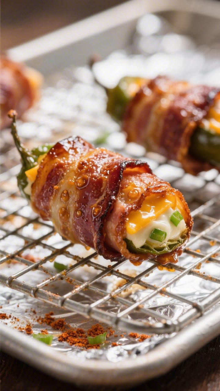 Close-up detail: Extra crispy bacon-wrapped jalapeño popper fresh from the oven on a wire rack over