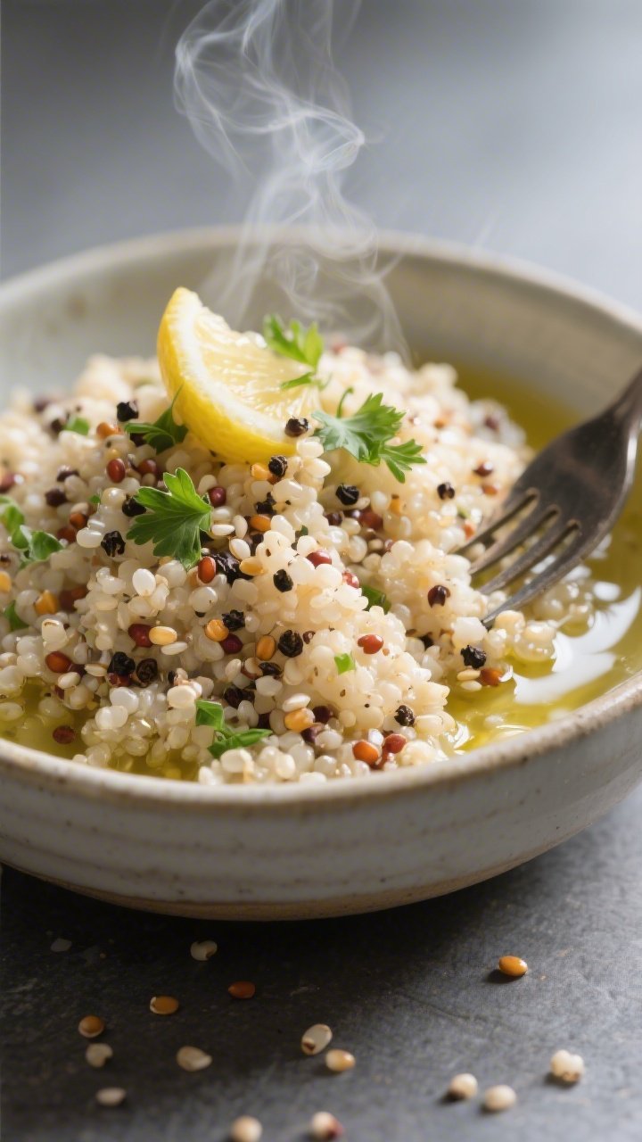 Close-up detail: Fluffy tri-color quinoa freshly fluffed with a fork, steam rising, each grain disti