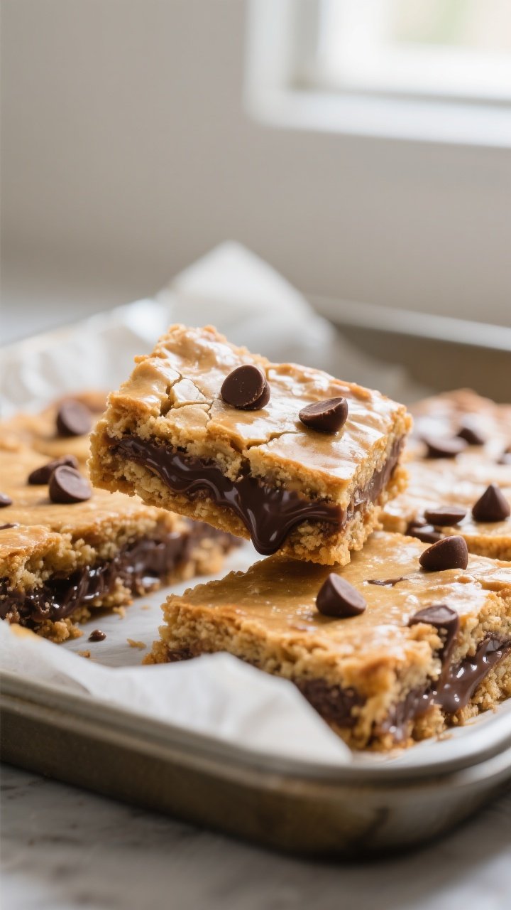 Close-up detail: Freshly baked dessert bars just out of the pan, edges crisp and golden with a gloss