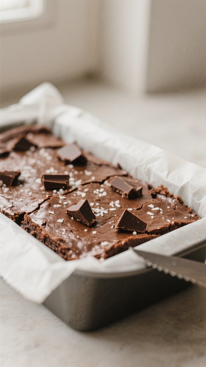 Close-up detail: Freshly baked small-batch brownies still in an 8x4-inch parchment-lined loaf pan, s