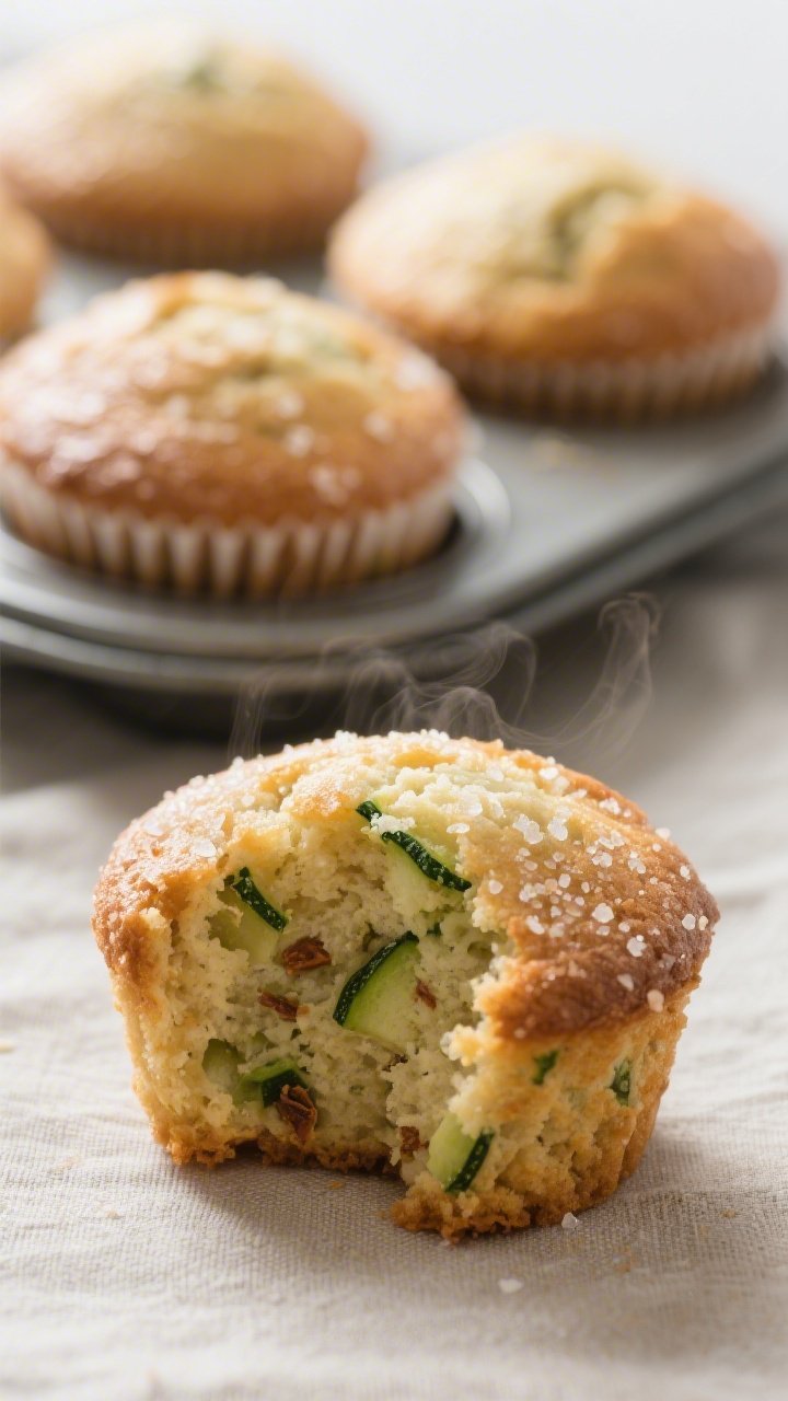 Close-up detail: Freshly baked zucchini muffins just out of the tin, domed tops glistening with a li