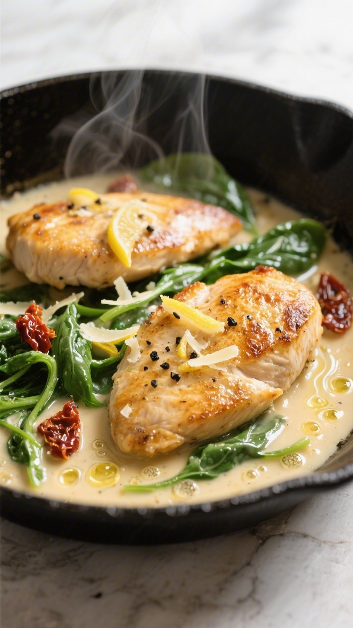 Close-up detail: Golden pan-seared chicken cutlets nestled in a glossy garlic-butter lemon cream sau