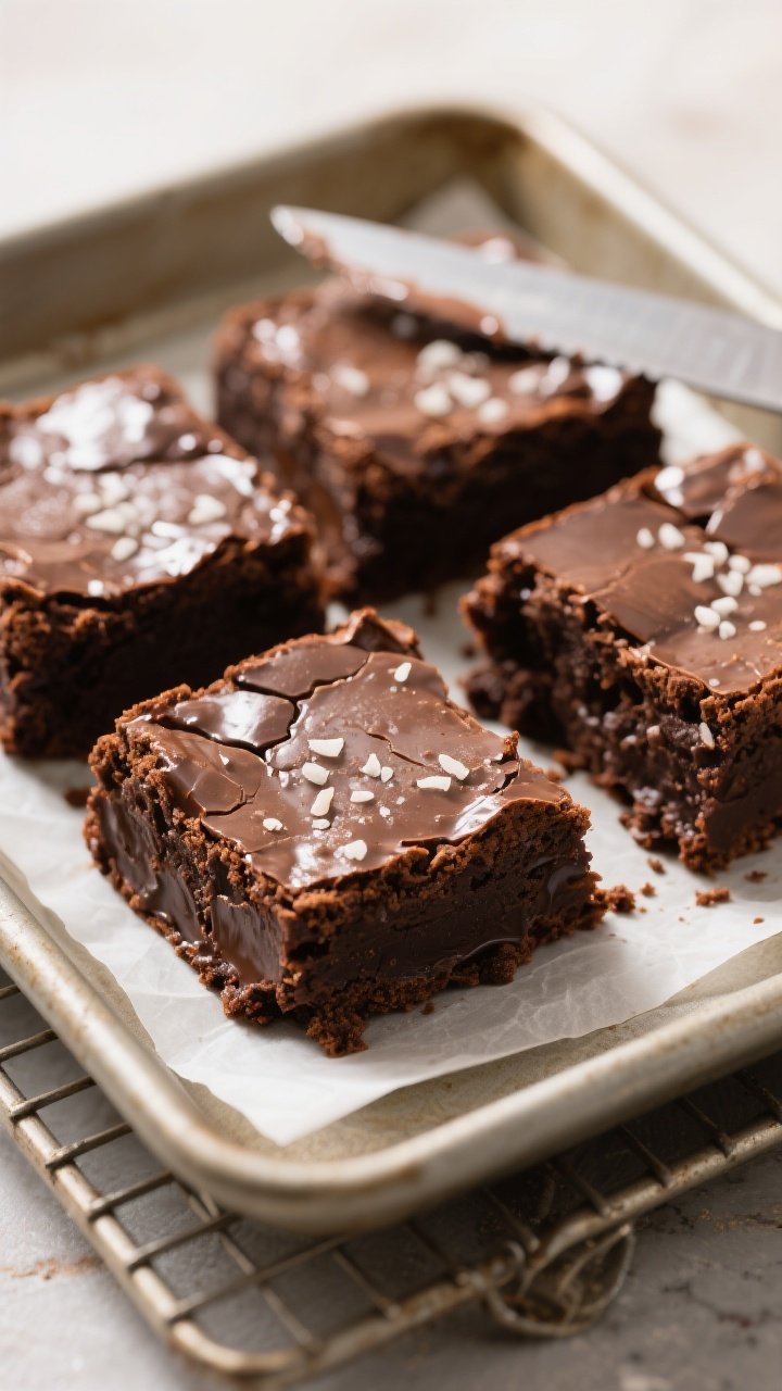 Close-up detail: Gooey, freshly sliced brownies without cocoa powder, showing a glossy, crackly top 