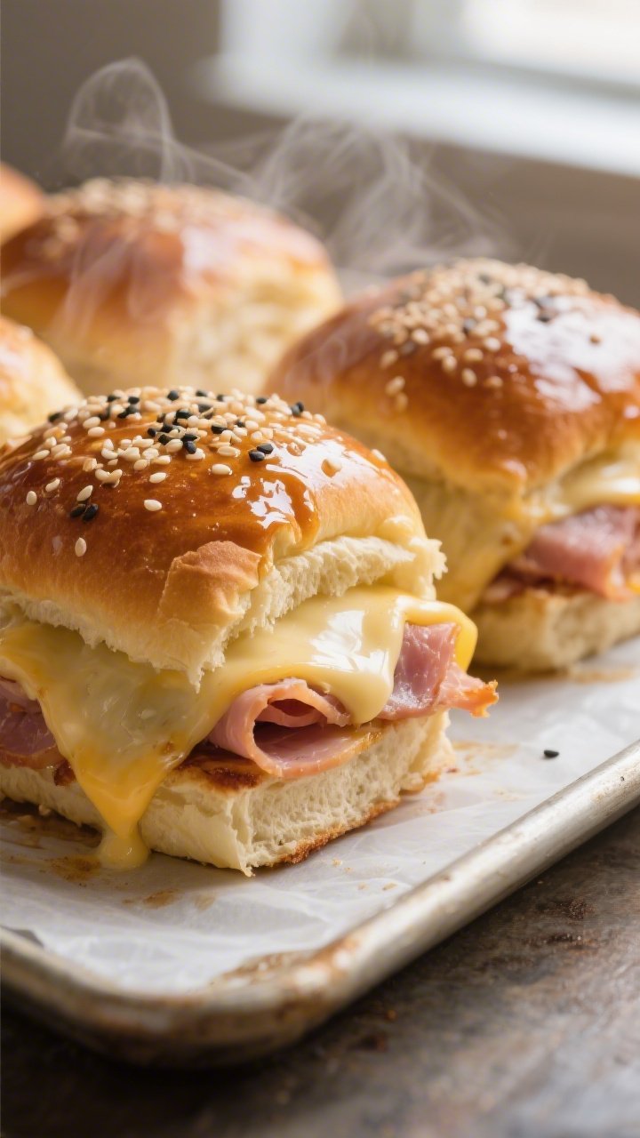 Close-up detail: Melty ham and Swiss sliders fresh from the oven, tops brushed with a glossy buttery