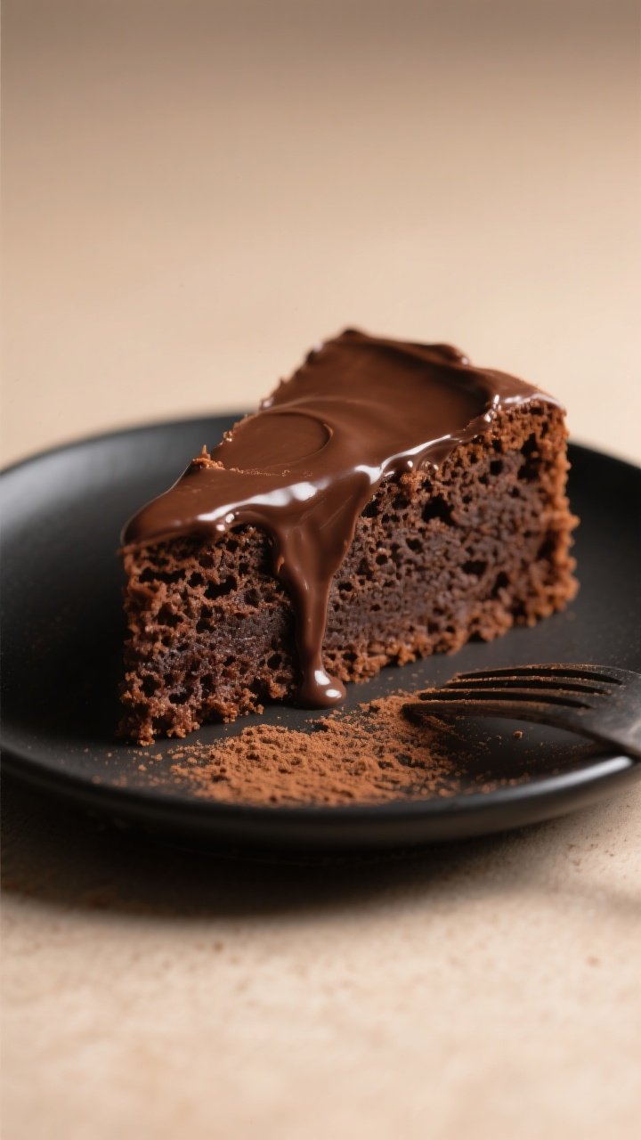 Close-up detail of a Chocolate Olive Oil Cake slice on a small matte black plate, ultra-moist crumb 