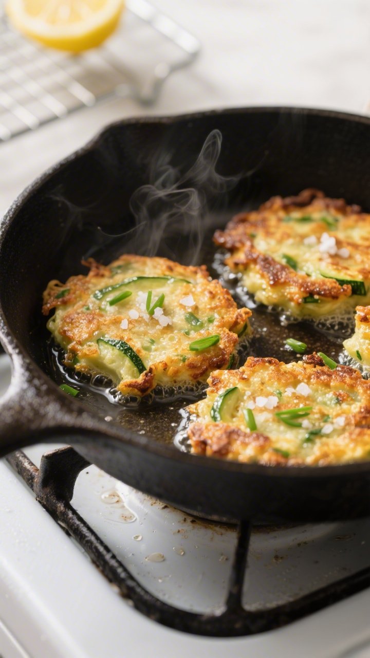 Close-up detail: Pan-fried zucchini fritters mid-cook, edges bubbling and turning deep golden-brown 