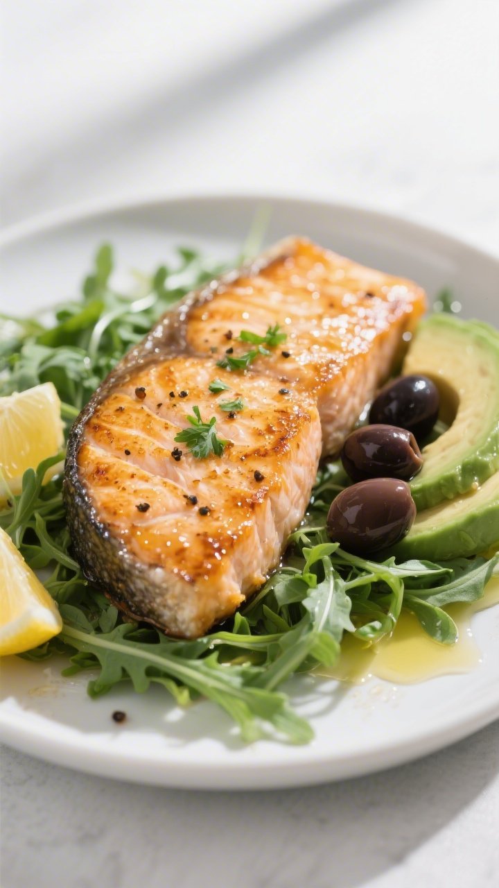 Close-up detail: Pan-seared salmon fillet with crispy golden edges and visible pepper flakes, restin