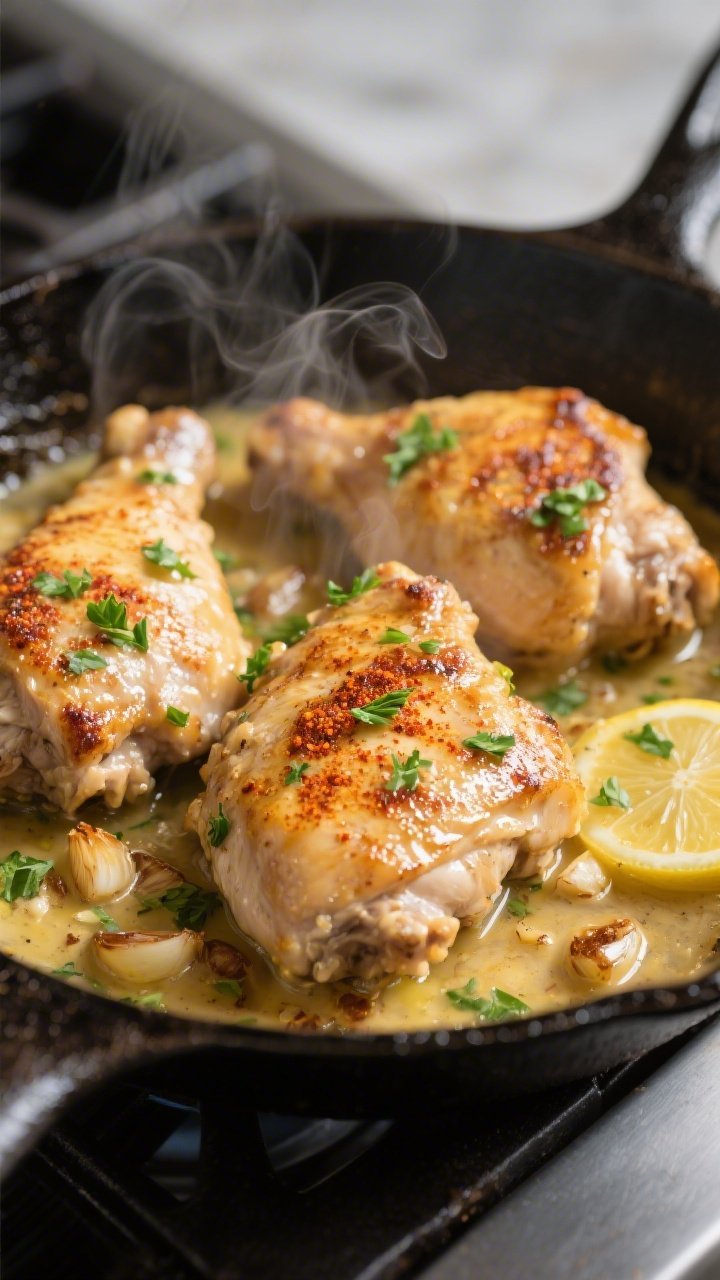Close-up detail: Seared garlic butter chicken thighs in a skillet, glistening in a silky lemon-garli