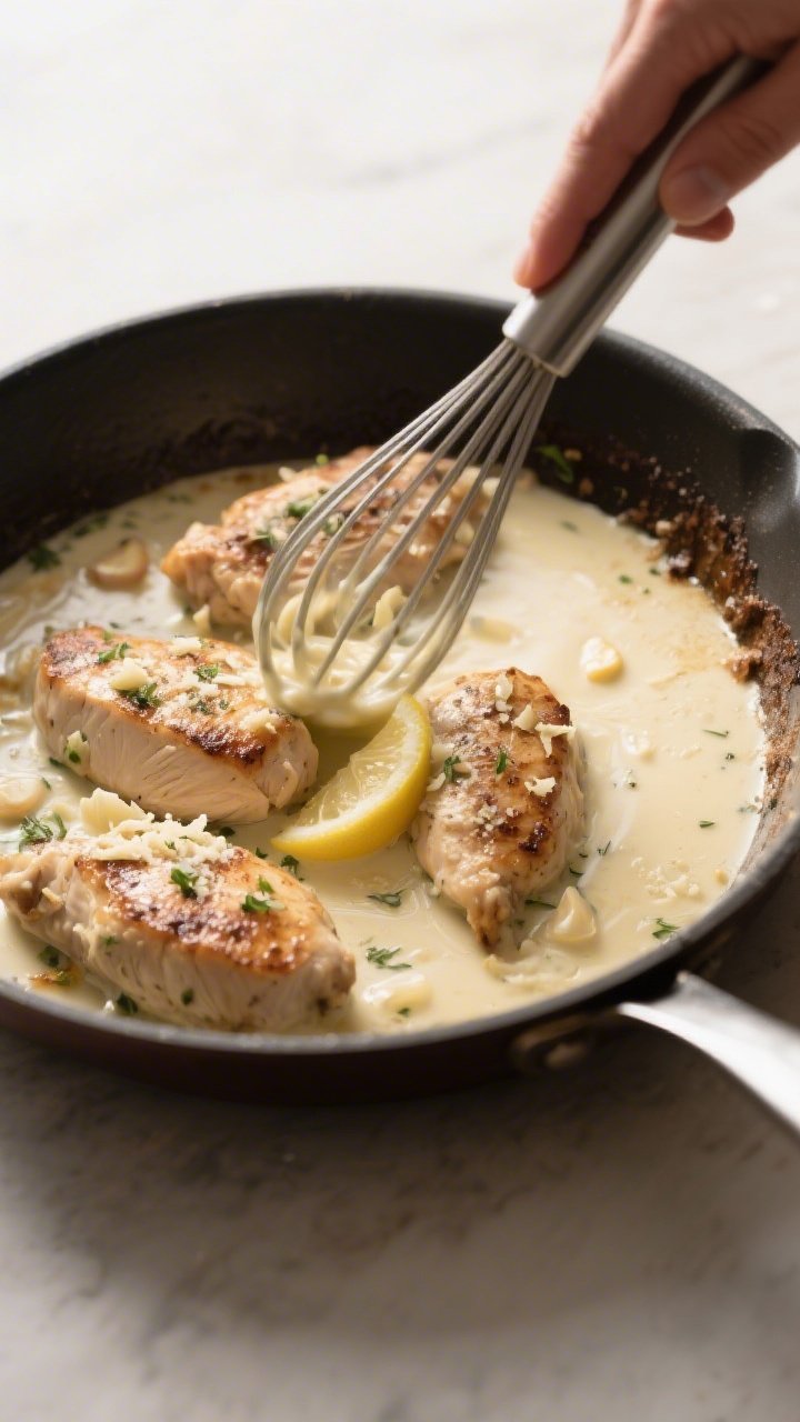 Cooking process: Action shot of the deglaze and finish—creamy Parmesan-lemon sauce being whisked t