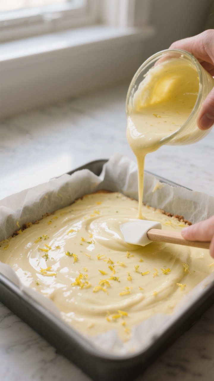 Cooking process: Batter being poured into a parchment-lined 8x8-inch pan for a Lemon Olive Oil Snack
