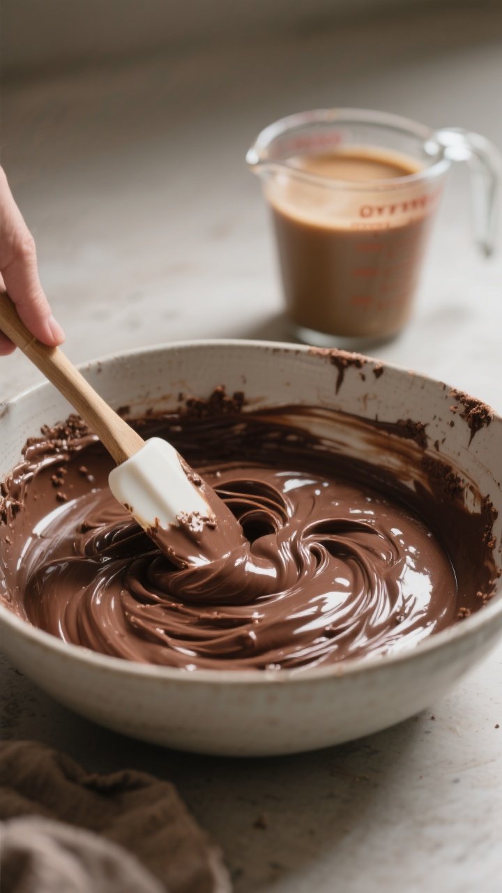 Cooking process: Batter-combining moment for the Chocolate variation—silky, cocoa-enriched batter 