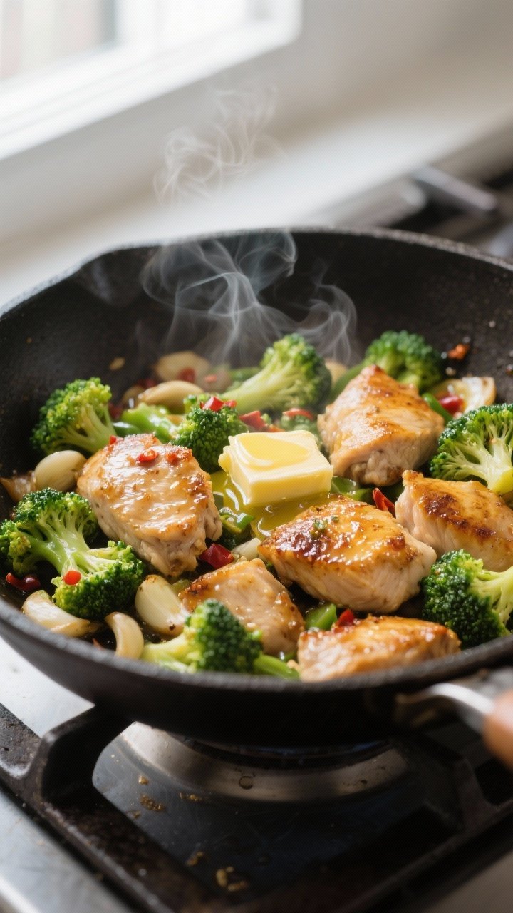 Cooking process: Chicken and broccoli stir-fry sizzling in a carbon-steel skillet, bite-sized chicke