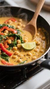 Cooking process, close-up detail: Chickpea coconut curry simmering in a shallow skillet, creamy gold
