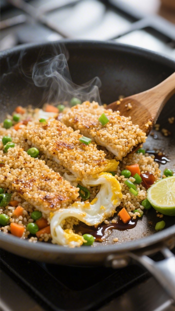 Cooking process, close-up detail: Crispy Quinoa “Fried Rice” sizzling in a wide stainless skille
