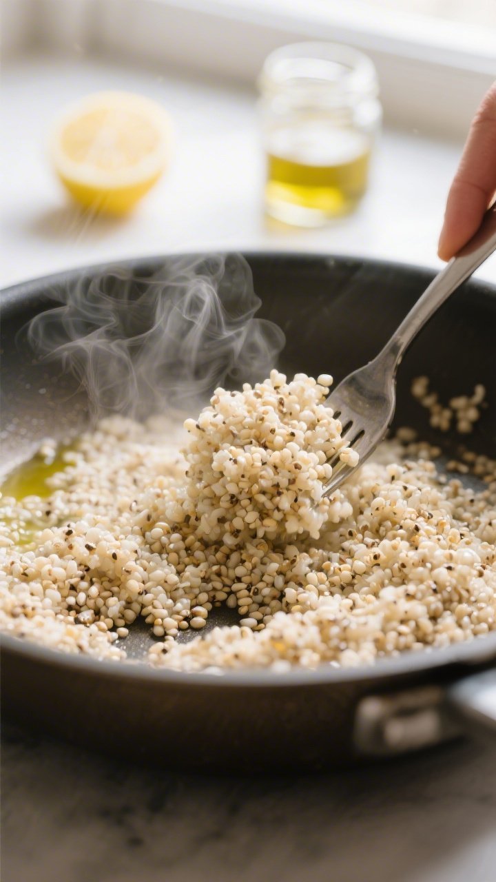 Cooking process, close-up detail: Fluffy, just-cooked quinoa being fluffed with a fork in a wide sau