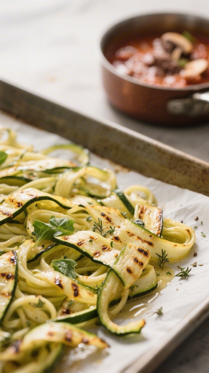 Cooking process, close-up detail: Zucchini “noodles” after pre-cooking on a parchment-lined shee