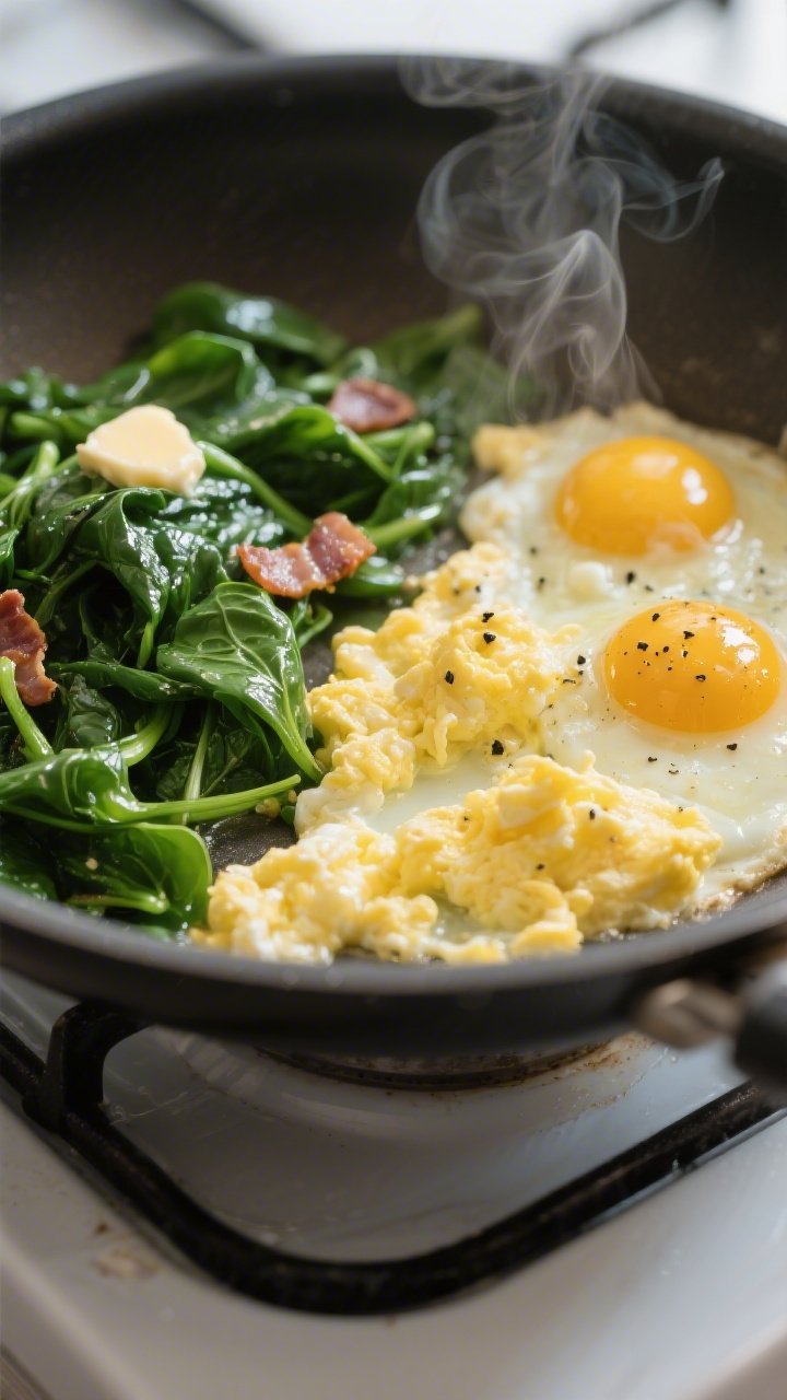Cooking process close-up: Soft-scrambled eggs being gently pushed across a nonstick skillet over med