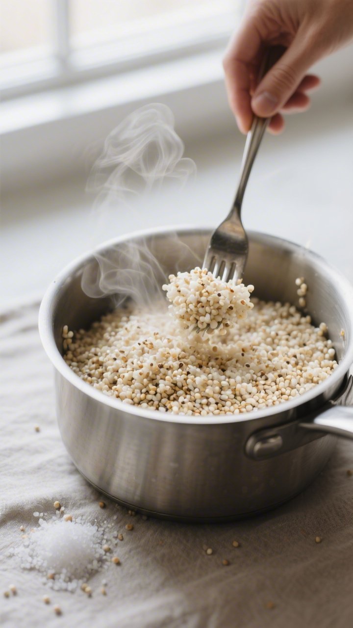 Cooking process — Fluffy quinoa just finished steaming: close-up of a pot of perfectly cooked quin