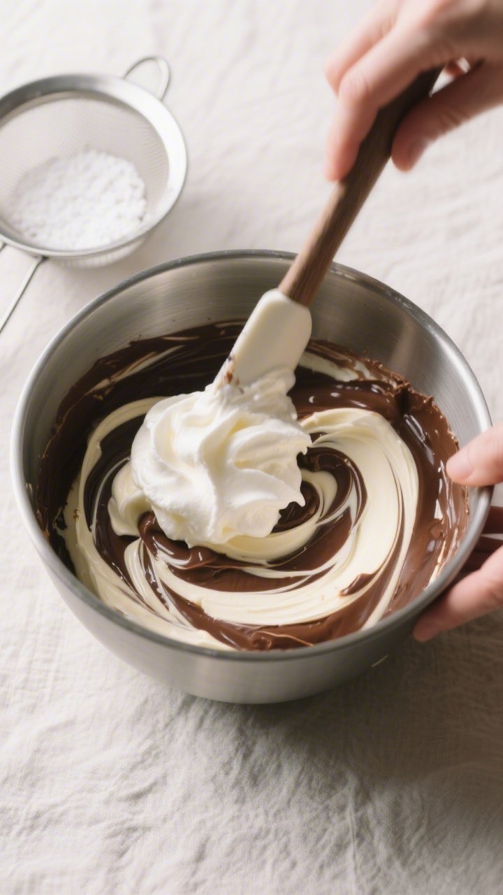 Cooking process: Folding freshly whipped cream (soft peaks) into the chocolate-cream cheese base in 