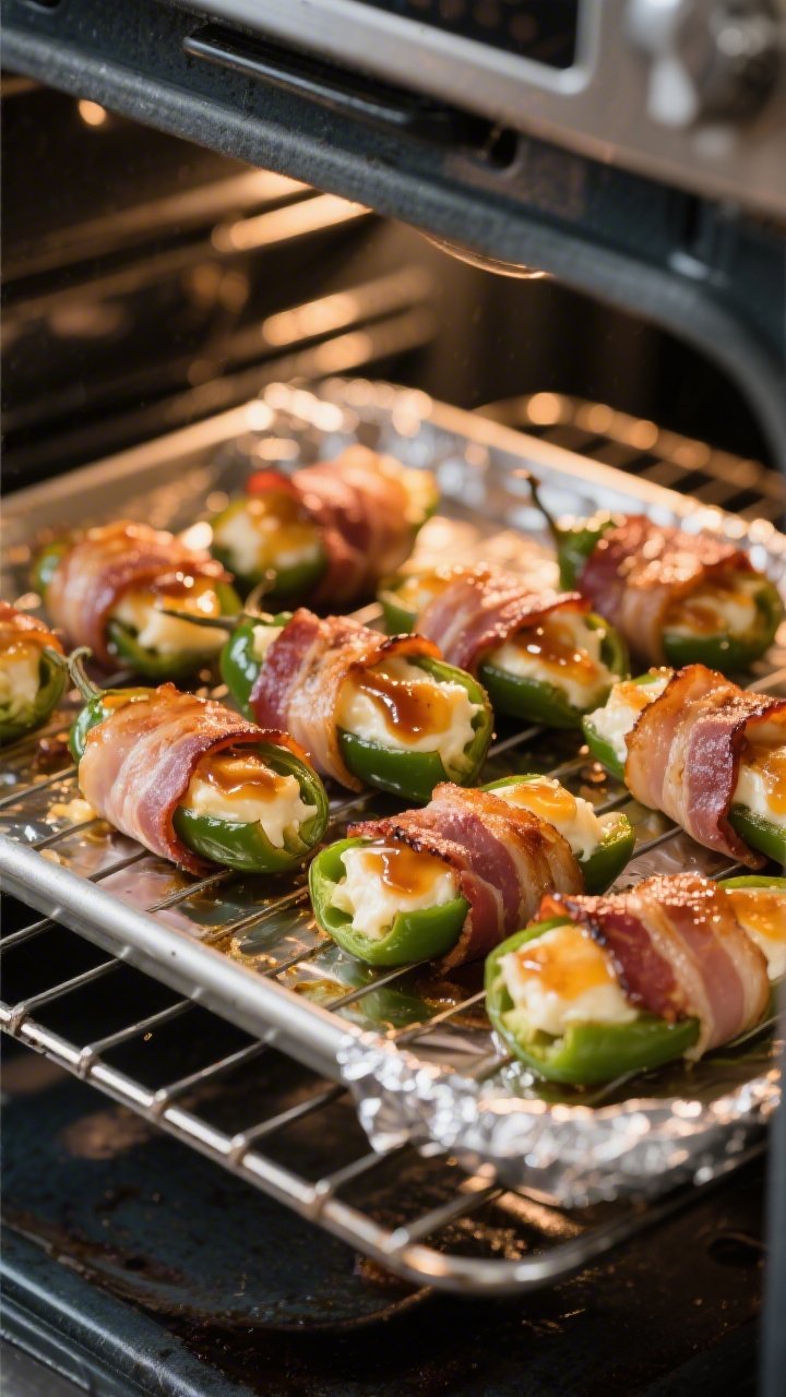 Cooking process: Mid-bake scene of stuffed jalapeño halves wrapped in par-crisped bacon on a stainl