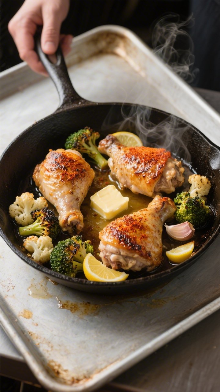Cooking process: One-pan chicken thighs and vegetables roasting in a cast-iron skillet—skin-on thi