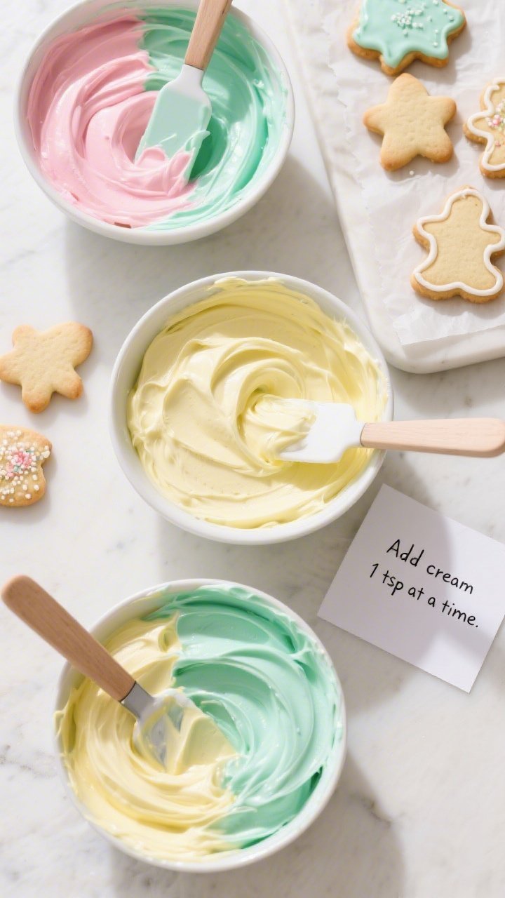 Cooking process: Overhead shot of bowls of divided frosting in three vibrant gel-tinted colors (blus