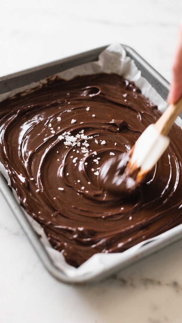 Cooking process: Overhead shot of glossy brownie batter being smoothed in a parchment-lined 9x9 meta
