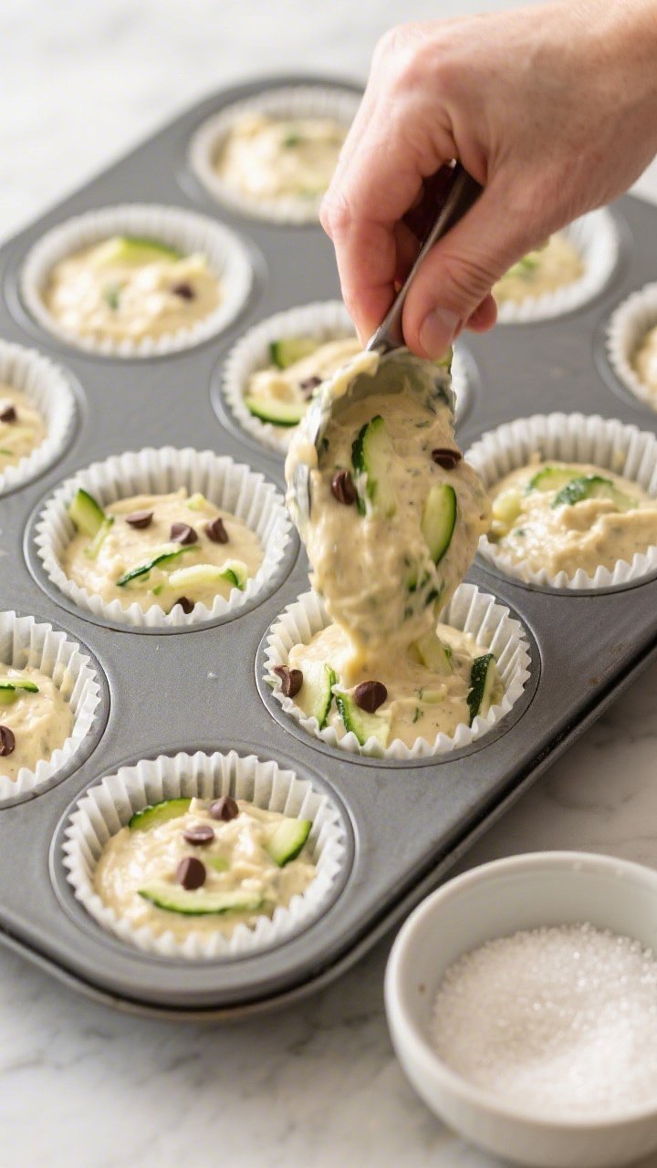 Cooking process: Overhead shot of muffin batter being portioned into a lined 12-cup muffin tin, cups