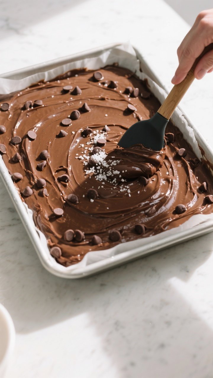 Cooking process: Overhead shot of the thick, glossy brownie batter being smoothed into a parchment-l