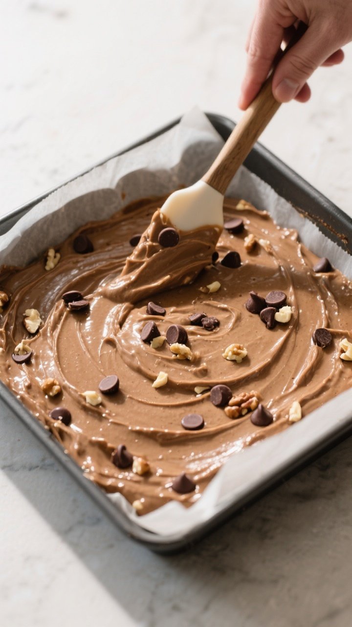 Cooking process: Overhead shot of thick one-bowl batter being spread smoothly into a parchment-lined