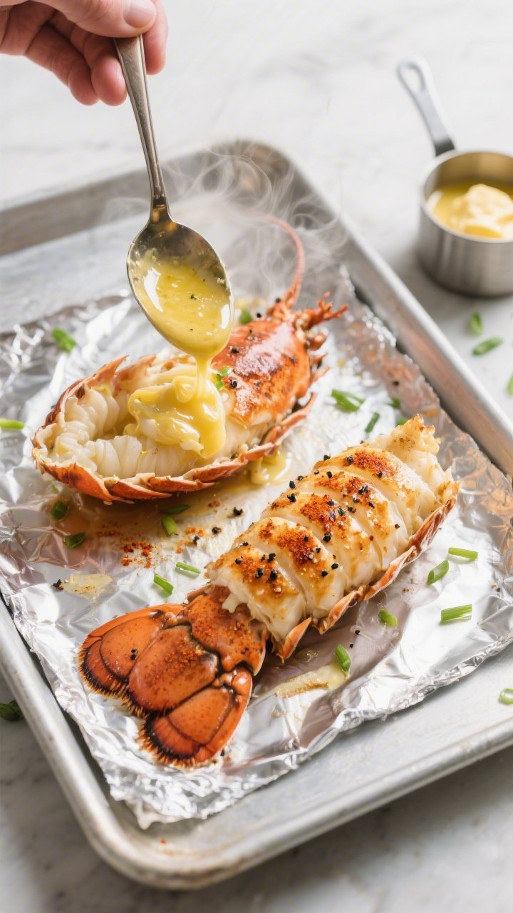 Cooking process: Overhead shot of two butterflied lobster tails on a foil-lined sheet pan mid-baste,