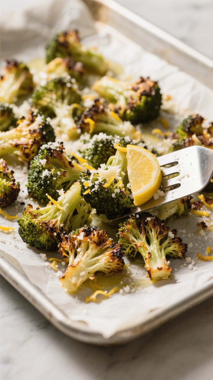 Cooking process: Roasted lemon-Parmesan broccoli just out of the oven on a parchment-lined sheet pan