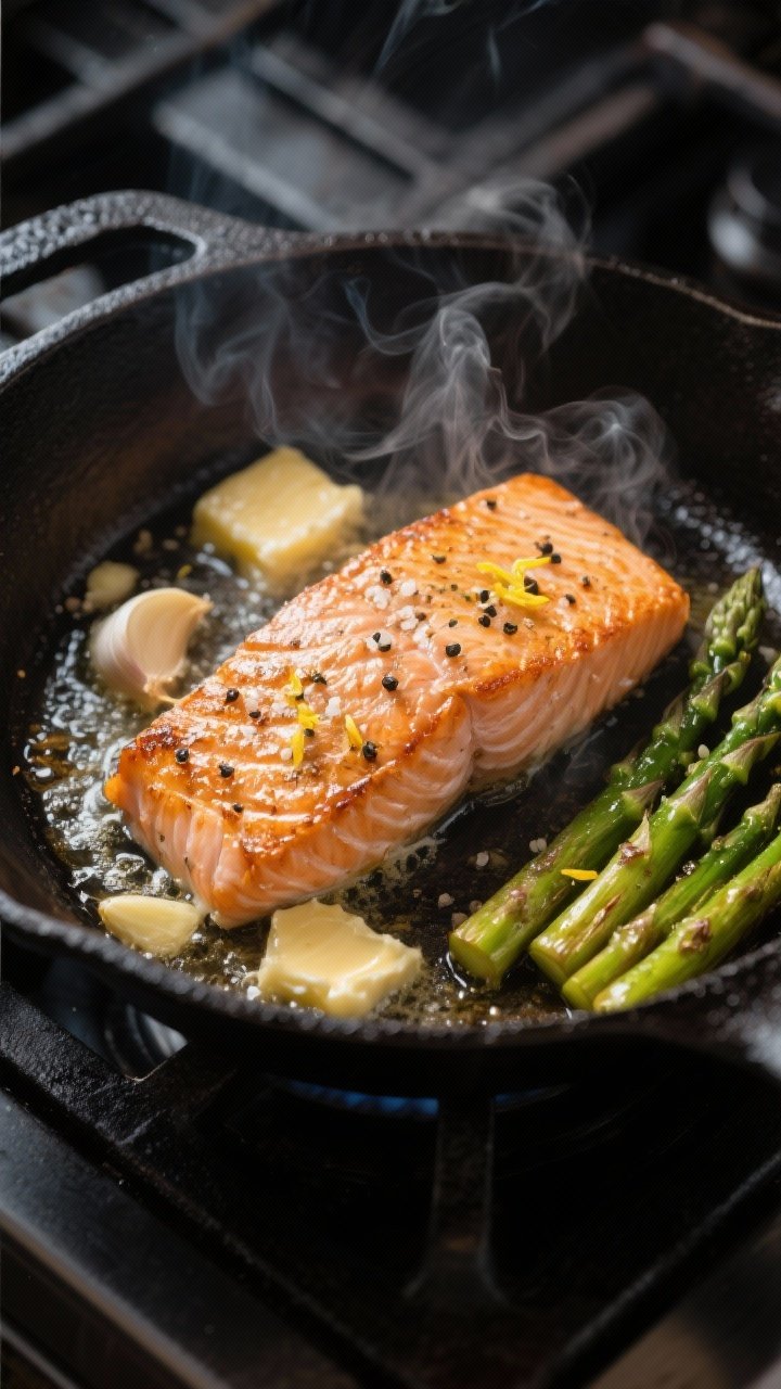 Cooking process: Salmon fillets searing skin-side down in a cast-iron skillet with sizzling butter a